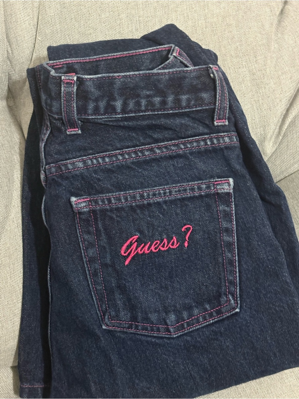 Guess Dark Blue High-Rise Jeans with Pink Embroidery